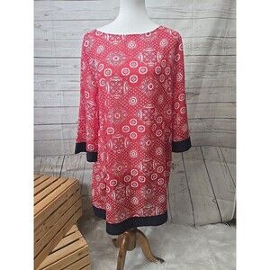 Talbots Red Bandana Tunic Top Women's M Sheer Navy Blue‎ Trim Cover up Patriotic